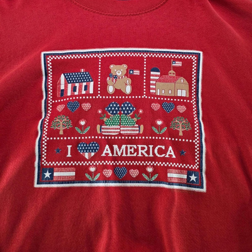 Vintage I Love America Graphic‎ Sweatshirt Red Patchwork Crewneck 90s USA